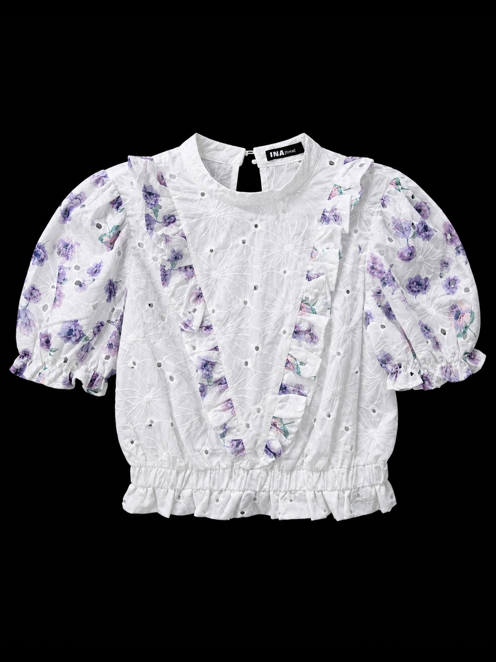 INA White Eyelet Floral Puff Sleeve Ruffle Blouse Size Small NWOT